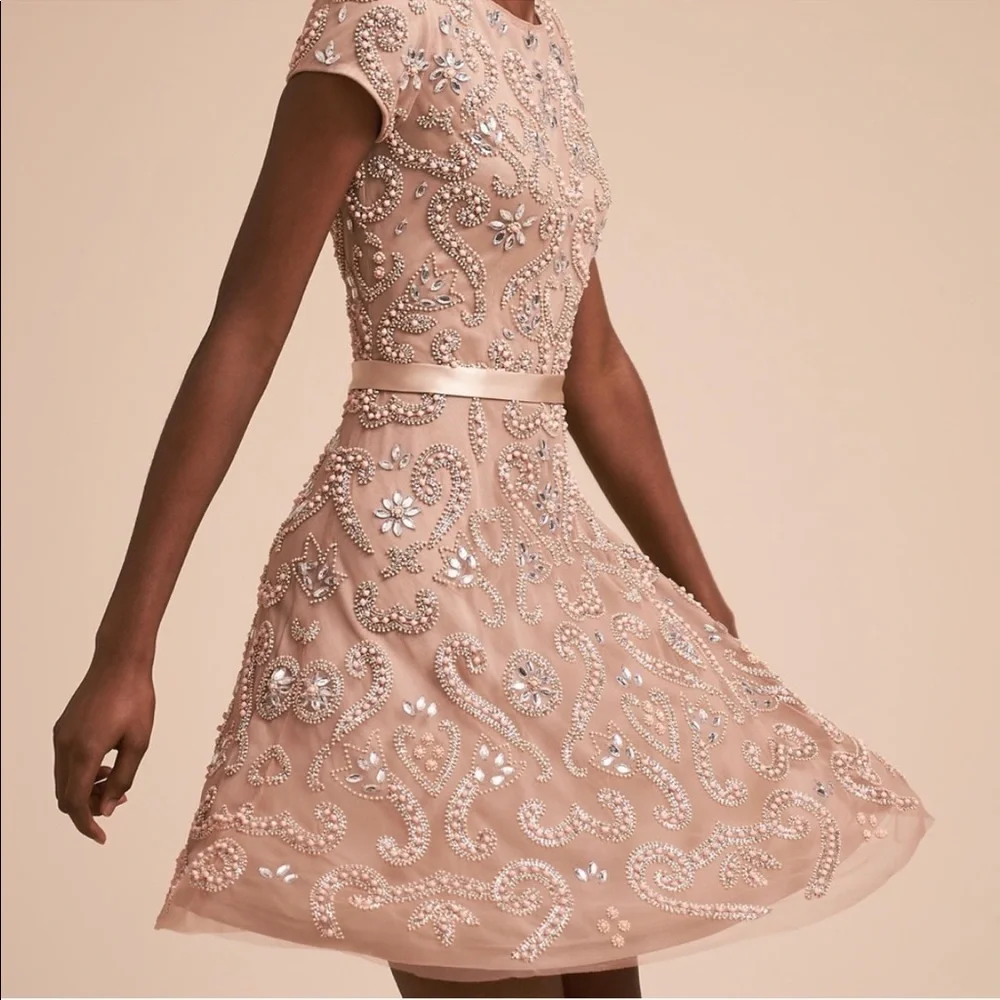 BHLDN Lara Addison Dress Rose Nude 4 Bridesmaid Beaded Pink